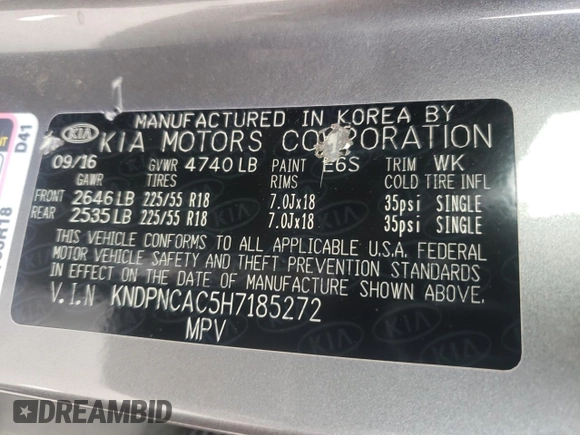 2017 Kia Sportage EX with VIN KNDPNCAC5H7185272, listed as a Copart auction lot 57996925 with 136,836 mi miles and Salvage title. Bid and sale history available at DreamBid. Image 13.