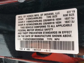 2019 Honda CR-V EX-L with VIN 7FARW2H86KE039566, listed as a IAAI auction lot 41902446 with 46,744 mi miles. Bid and sale history available at carsss.com. Image 9.