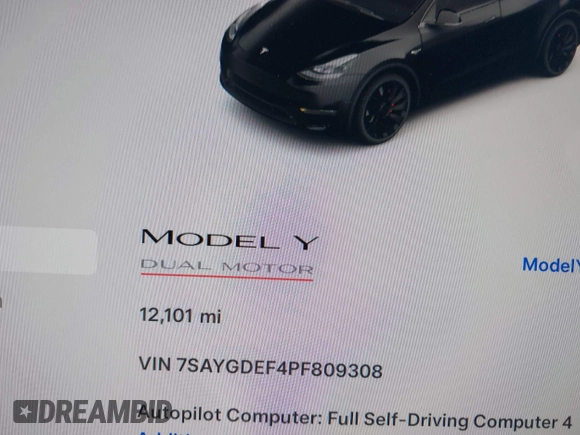 2023 Tesla Model Y Performance with VIN 7SAYGDEF4PF809308, listed as a IAAI auction lot 42056769 with 12,101 mi miles and . Bid and sale history available at DreamBid. Image 6.