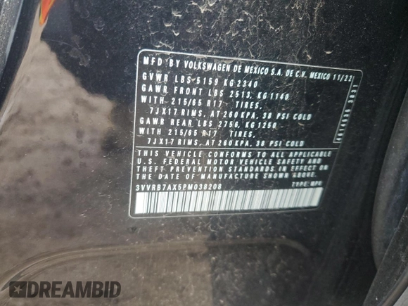 2023 Volkswagen Tiguan S z VIN 3VVRB7AX5PM038208, wystawiony jako Copart lot #44760825 z przebiegiem 33 661 mil mil oraz Szkoda całkowita • Salvage title. Historia ofert i sprzedaży dostępna na DreamBid. Obrazek 14.