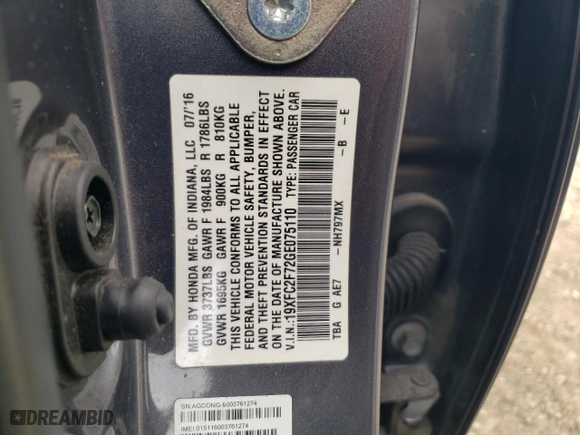 2016 Honda Civic Sedan EX with VIN 19XFC2F72GE075110, listed as a Copart auction lot 48319465 with 130,820 mi miles and Salvage Title. Bid and sale history available at carsss.com. Image 14.
