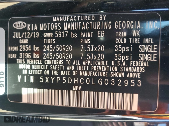 2020 Kia Telluride SX with VIN 5XYP5DHC0LG032953, listed as a Copart auction lot 47104845 with 231,927 mi miles and Salvage Title. Bid and sale history available at DreamBid. Image 13.