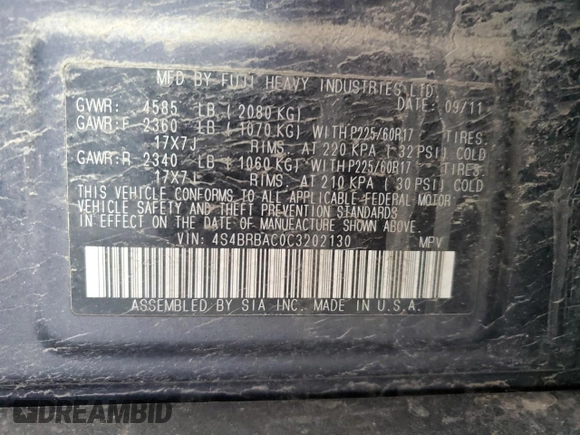 2012 Subaru Outback 2.5i with VIN 4S4BRBAC0C3202130, listed as a Copart auction lot 53148475 with 258,641 mi miles and Salvage title. Bid and sale history available at DreamBid. Image 14.