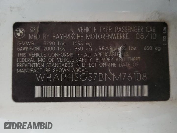 2011 BMW 3 Series 328i with VIN WBAPH5G57BNM76108, listed as a Copart auction lot 54258655 with Not Provided miles and Clean Title. Bid and sale history available at carsss.com. Image 12.