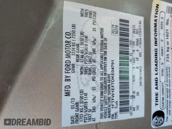 2013 Ford F-150 XL with VIN 1FTFW1EF7DKE04791, listed as a Copart auction lot 59670945 with 221,287 mi miles and Salvage title. Bid and sale history available at DreamBid. Image 12.