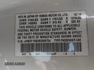 2011 Honda CR-Z EX with VIN JHMZF1D62BS006754, listed as a IAAI auction lot 41922006 with 220,598 mi miles and . Bid and sale history available at carsss.com. Image 9.