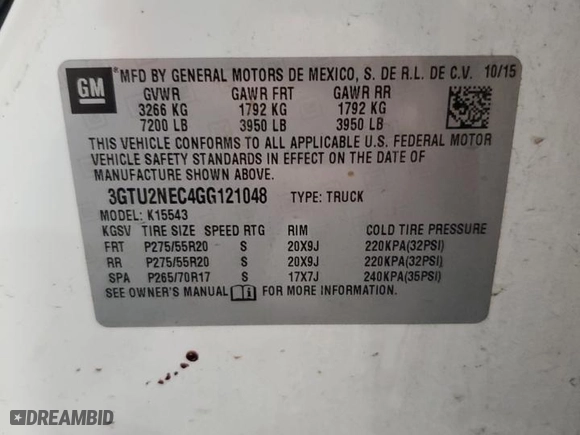 2016 GMC Sierra 1500 SLT with VIN 3GTU2NEC4GG121048, listed as a Copart auction lot 48578605 with 163,953 mi miles and Salvage Title. Bid and sale history available at carsss.com. Image 12.