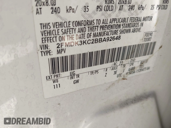 2011 Ford Edge Limited with VIN 2FMDK3KC2BBA92648, listed as a IAAI auction lot 42570302 with 145,457 mi miles and . Bid and sale history available at DreamBid. Image 9.