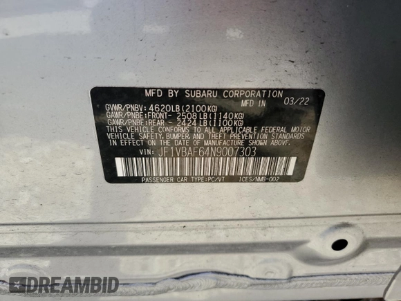 2022 Subaru WRX Premium with VIN JF1VBAF64N9007303, listed as a Copart auction lot 57063265 with 16,578 mi miles and Non repairable. Bid and sale history available at DreamBid. Image 13.