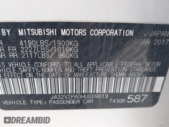 2017 Mitsubishi Lancer ES with VIN JA32V2FW3HU009019, listed as a IAAI auction lot 41852166 with 79,290 mi miles. Bid and sale history available at carsss.com. Image 9.