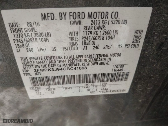 2016 Ford Edge SEL with VIN 2FMPK3J94GBC41068, listed as a IAAI auction lot 41007094 with 124,418 mi miles. Bid and sale history available at carsss.com. Image 9.