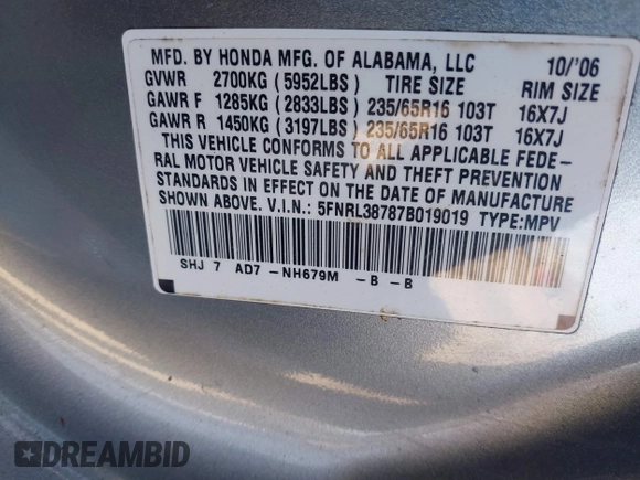 2007 Honda Odyssey EX-L with VIN 5FNRL38787B019019, listed as a IAAI auction lot 41974224 with 170,706 mi miles. Bid and sale history available at carsss.com. Image 9.