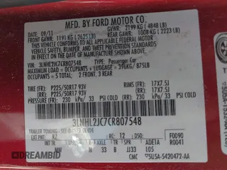 2012 Lincoln MKZ with VIN 3LNHL2JC7CR807548, listed as a IAAI auction lot 41898059 with 109,696 mi miles and . Bid and sale history available at carsss.com. Image 9.