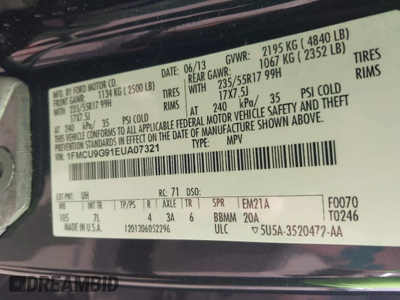 2014 Ford Escape SE with VIN 1FMCU9G91EUA07321, listed as a IAAI auction lot 41807424 with 149,276 mi miles and . Bid and sale history available at DreamBid. Image 9.