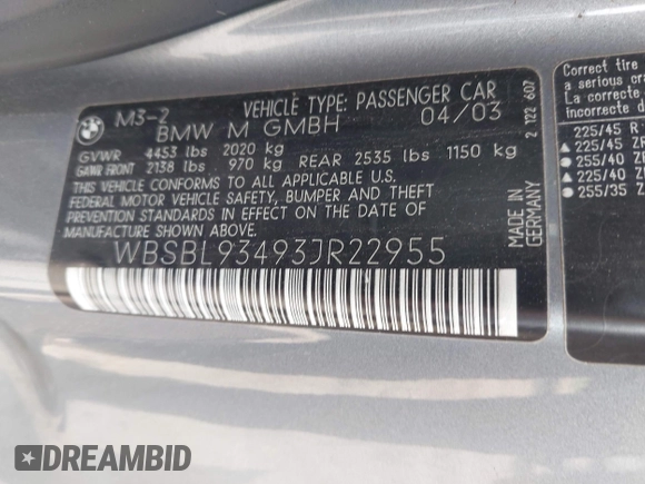2003 BMW 3 Series M3 with VIN WBSBL93493JR22955, listed as a IAAI auction lot 42457249 with 210,792 mi miles and . Bid and sale history available at DreamBid. Image 9.
