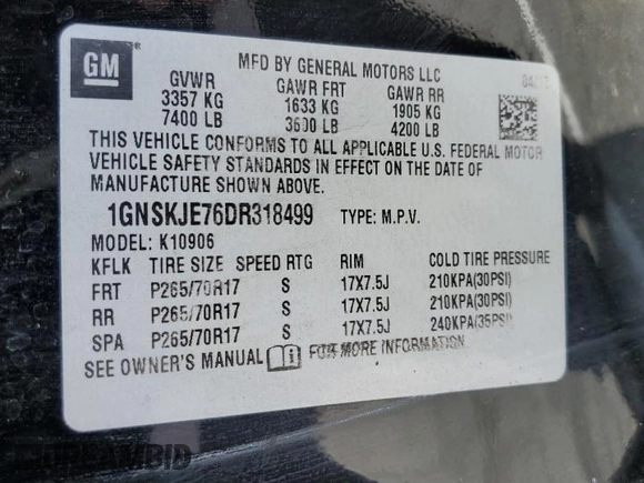 2013 Chevrolet Suburban LT with VIN 1GNSKJE76DR318499, listed as a Copart auction lot 71840624 with 191,050 mi miles and Salvage Title. Bid and sale history available at carsss.com. Image 15.