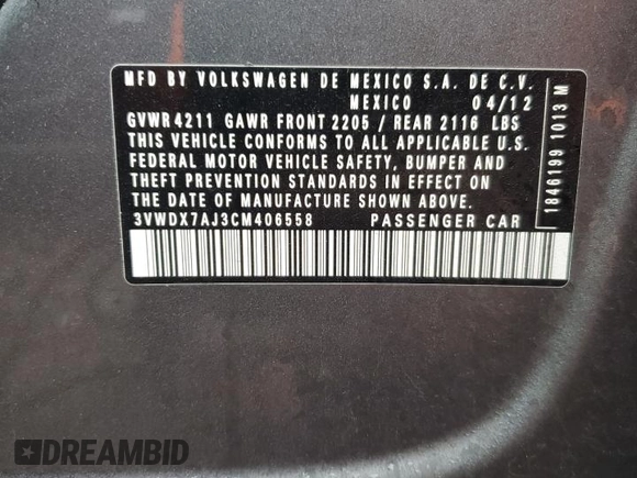 2012 Volkswagen Jetta SE with VIN 3VWDX7AJ3CM406558, listed as a Copart auction lot 47367825 with 163,613 mi miles and Salvage title. Bid and sale history available at DreamBid. Image 12.