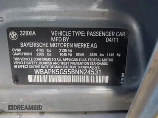 2011 BMW 3 Series 328i xDrive with VIN WBAPK5G55BNN24531, listed as a IAAI auction lot 42028562 with 110,431 mi miles. Bid and sale history available at carsss.com. Image 9.