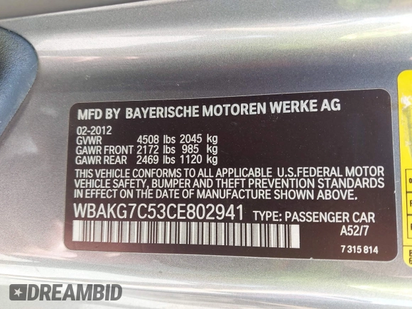 2012 BMW 3 Series 335i with VIN WBAKG7C53CE802941, listed as a IAAI auction lot 42574469 with 125,908 mi miles and . Bid and sale history available at DreamBid. Image 9.
