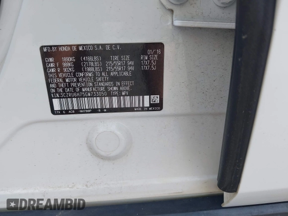 2016 Honda HR-V EX-L w/Navi with VIN 3CZRU6H75GM733050, listed as a IAAI auction lot 41832971 with 85,753 mi miles. Bid and sale history available at carsss.com. Image 9.