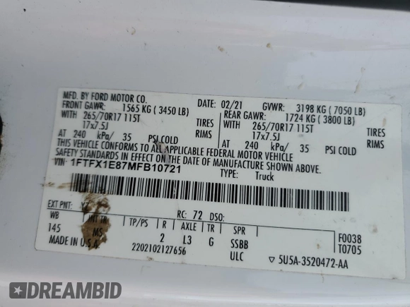 2021 Ford F-150 XL with VIN 1FTFX1E87MFB10721, listed as a Copart auction lot 52588485 with Not provided miles and Non repairable. Bid and sale history available at DreamBid. Image 13.