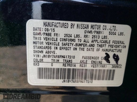 2015 Infiniti Q50 Premium with VIN JN1BV7AR6FM417210, listed as a Copart auction lot 63733915 with 95,926 mi miles and Salvage title. Bid and sale history available at DreamBid. Image 12.
