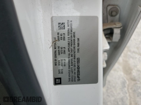 2013 Buick Verano Group with VIN 1G4PS5SK4D4115523, listed as a Copart auction lot 57321675 with 130,735 mi miles and Salvage title. Bid and sale history available at DreamBid. Image 12.