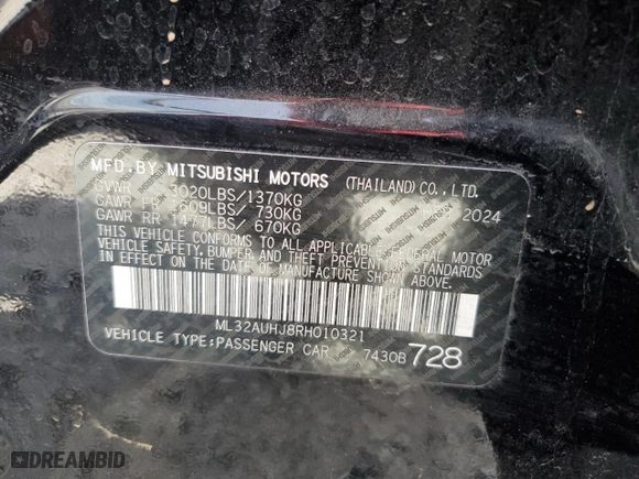 2024 Mitsubishi Mirage ES with VIN ML32AUHJ8RH010321, listed as a Copart auction lot 88721085 with 15,190 mi miles and Non Repairable. Bid and sale history available at carsss.com. Image 13.
