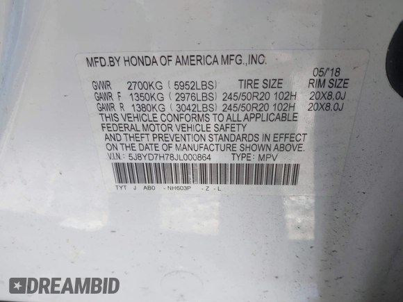 2018 Acura MDX Sport Hybrid w/Advance Pkg with VIN 5J8YD7H78JL000864, listed as a IAAI auction lot 41018072 with 150,815 mi miles. Bid and sale history available at carsss.com. Image 9.