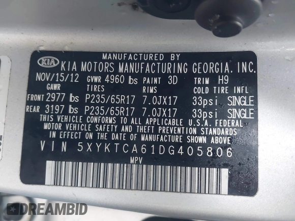 2013 Kia Sorento LX with VIN 5XYKTCA61DG405806, listed as a IAAI auction lot 41966976 with 129,942 mi miles and . Bid and sale history available at DreamBid. Image 9.