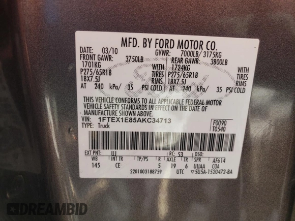 2010 Ford F-150 XL z VIN 1FTEX1E85AKC34713, wystawiony jako Copart lot #55962675 z przebiegiem 203 549 mil mil oraz Szkoda całkowita • Salvage title. Historia ofert i sprzedaży dostępna na DreamBid. Obrazek 12.