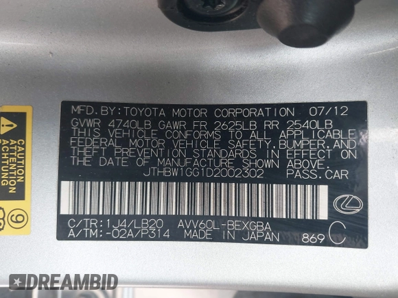 2013 Lexus ES 300h Hybrid with VIN JTHBW1GG1D2002302, listed as a IAAI auction lot 41902424 with 104,020 mi miles. Bid and sale history available at carsss.com. Image 9.