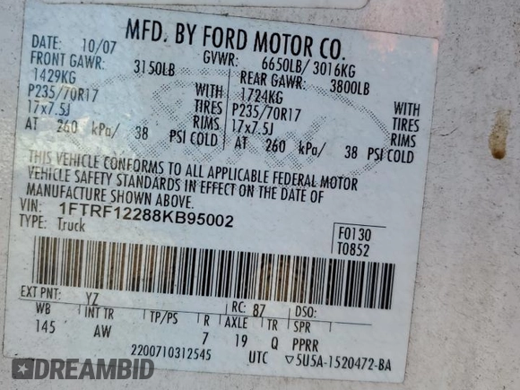 2008 Ford F-150 XL with VIN 1FTRF12288KB95002, listed as a Copart auction lot 46061675 with 125,644 mi miles and Clean Title. Bid and sale history available at carsss.com. Image 13.