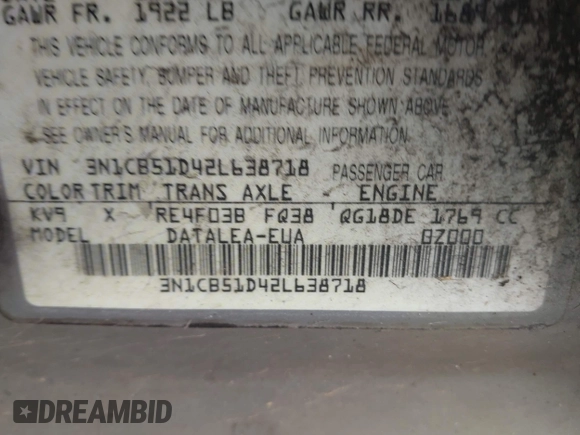 2002 Nissan Sentra GXE with VIN 3N1CB51D42L638718, listed as a IAAI auction lot 41933146 with 218,526 mi miles and . Bid and sale history available at DreamBid. Image 9.