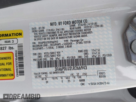 2020 Ford Fusion SE with VIN 3FA6P0LU2LR266943, listed as a IAAI auction lot 42160987 with 61,435 mi miles and . Bid and sale history available at DreamBid. Image 9.