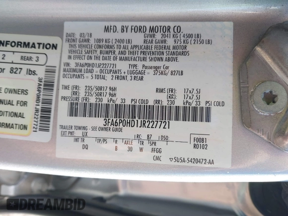 2018 Ford Fusion SE with VIN 3FA6P0HD1JR227721, listed as a IAAI auction lot 41587967 with 180,084 mi miles. Bid and sale history available at carsss.com. Image 9.