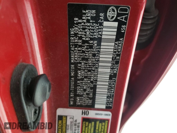 2019 Toyota Corolla L with VIN 2T1BURHEXKC162731, listed as a Copart auction lot 48000485 with 67,282 mi miles and Salvage Title. Bid and sale history available at DreamBid. Image 12.