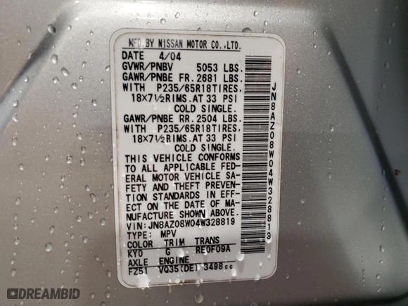 2004 Nissan Murano SE with VIN JN8AZ08W04W328819, listed as a Copart auction lot 52558075 with 171,641 mi miles and Salvage Title. Bid and sale history available at carsss.com. Image 14.
