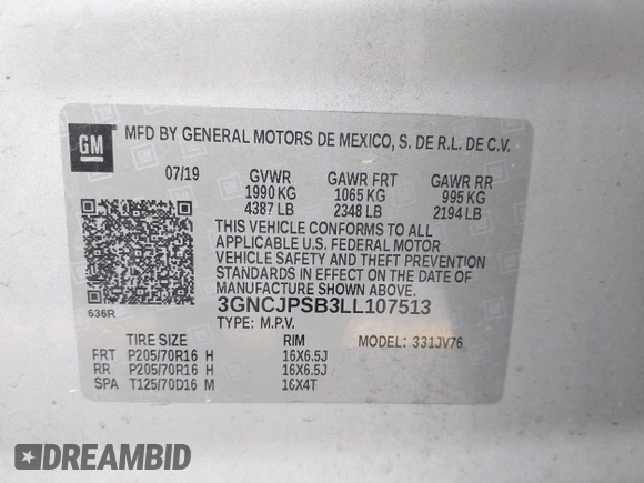 2020 Chevrolet Trax LT with VIN 3GNCJPSB3LL107513, listed as a IAAI auction lot 42276450 with 54,260 mi miles and . Bid and sale history available at DreamBid. Image 9.
