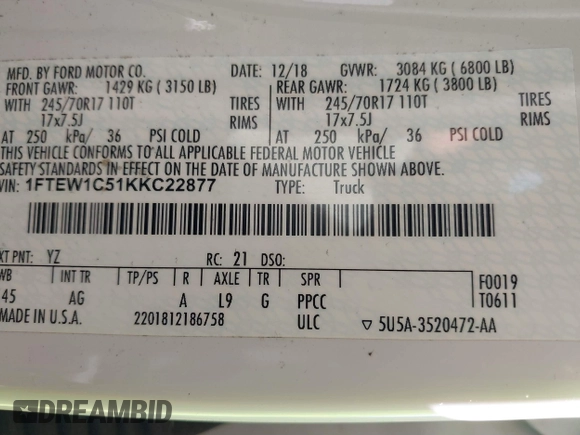 2019 Ford F-150 XL with VIN 1FTEW1C51KKC22877, listed as a IAAI auction lot 41774791 with 143,939 mi miles and . Bid and sale history available at DreamBid. Image 9.