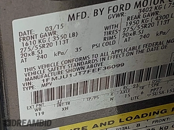 2015 Ford Expedition XLT with VIN 1FMJU1JT7FEF36099, listed as a IAAI auction lot 42445770 with 222,056 mi miles and . Bid and sale history available at DreamBid. Image 9.
