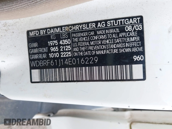 2004 Mercedes-Benz C 240 z VIN WDBRF61J14E016229, wystawiony jako IAAI lot #42576797 z przebiegiem Nie podano mil oraz . Historia ofert i sprzedaży dostępna na DreamBid. Obrazek 9.