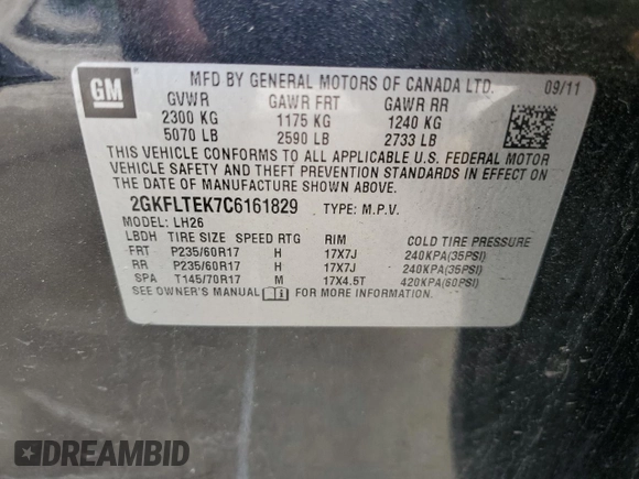 2012 GMC Terrain SLE-2 with VIN 2GKFLTEK7C6161829, listed as a Copart auction lot 58785535 with 144,235 mi miles and Salvage title. Bid and sale history available at DreamBid. Image 14.