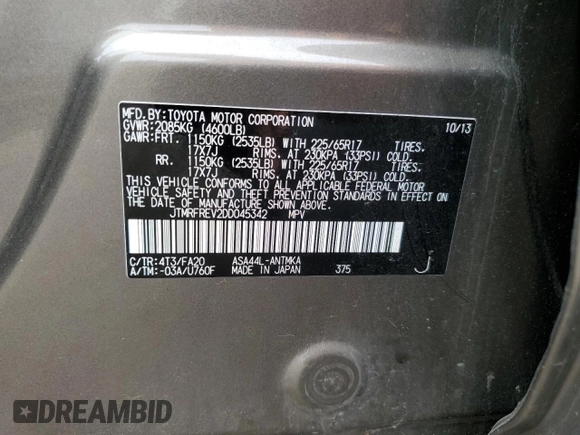 2013 Toyota RAV4 XLE with VIN JTMRFREV2DD045342, listed as a Copart auction lot 63232655 with 103,238 mi miles and Clean title. Bid and sale history available at DreamBid. Image 13.