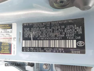2012 Toyota Camry L z VIN 4T1BF1FKXCU549431, wystawiony jako IAAI lot #42514493 z przebiegiem Nie podano mil oraz . Historia ofert i sprzedaży dostępna na DreamBid. Obrazek 9.