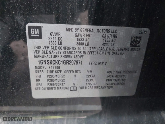 2016 Chevrolet Tahoe LTZ with VIN 1GNSKCKC1GR297871, listed as a IAAI auction lot 41442380 with 91,354 mi miles. Bid and sale history available at carsss.com. Image 9.