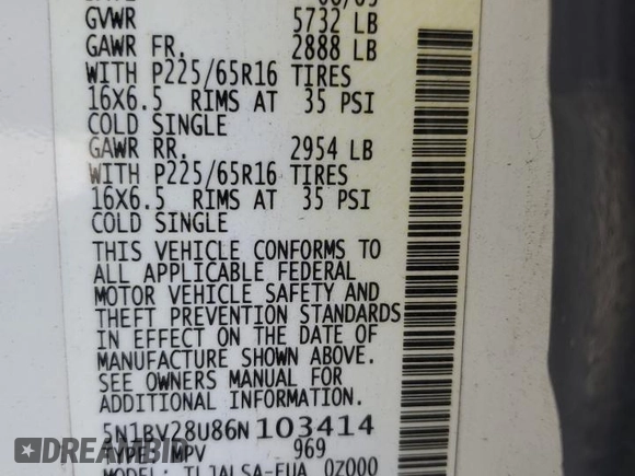 2006 Nissan Quest S Special Edition z VIN 5N1BV28U86N103414, wystawiony jako Copart lot #56344695 z przebiegiem 3 318 mil mil oraz Szkoda całkowita • Salvage title. Historia ofert i sprzedaży dostępna na DreamBid. Obrazek 12.