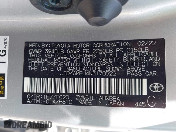 2022 Toyota Prius L Eco with VIN JTDKAMFU4N3170522, listed as a IAAI auction lot 42351817 with 90,561 mi miles and . Bid and sale history available at DreamBid. Image 9.