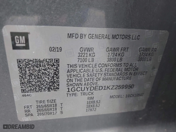 2019 Chevrolet Silverado 1500 LT with VIN 1GCUYDED1KZ259950, listed as a IAAI auction lot 41507899 with 80,929 mi miles. Bid and sale history available at carsss.com. Image 9.