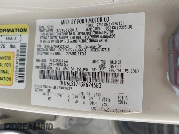 2016 Lincoln MKZ with VIN 3LN6L2J91GR624583, listed as a IAAI auction lot 42113321 with 126,592 mi miles and . Bid and sale history available at DreamBid. Image 9.